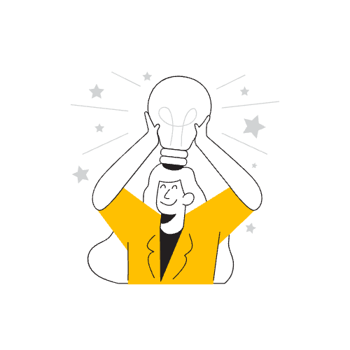 Un personnage jaune qui tient une ampoule entre ses mains au dessus de sa tête